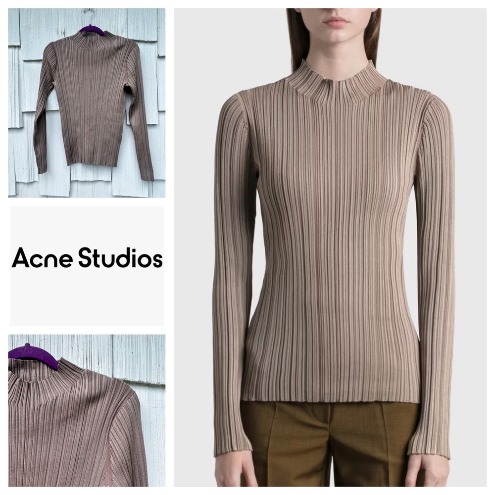 Acne Studios Katini Irregular Rib Mock Neck Pullover Sweater Taupe Brown‎ Large